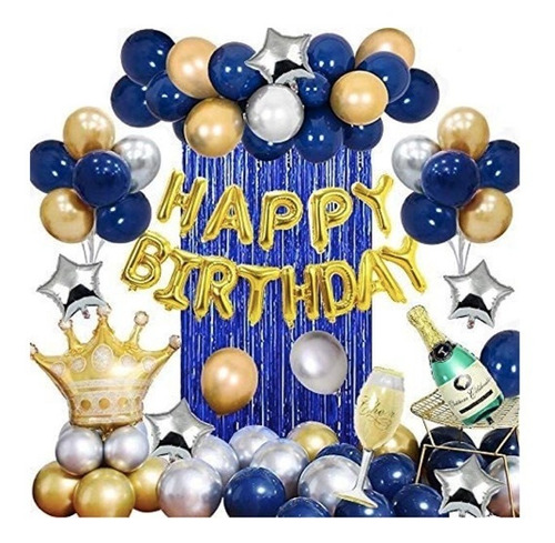 Globos Para Cumpleaños Kit De Decoración Fiestas Azul Dorado