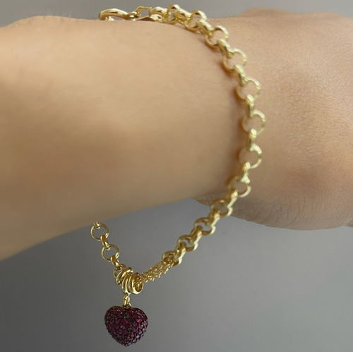 Pulseira Portuguesa Ouro 18k 750 Coração Cravejado Comprimento 20 Cm Diâmetro 5 Cm
