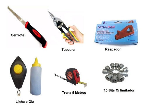 Imagem 1 de 1 de Kit Gesseiro Drywall Serrote Tesoura Trena Bits Linha Raspad