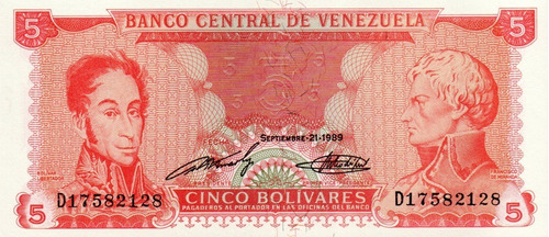 Billete 5 Bolívares 21 De Septiembre 1989 Serial D8