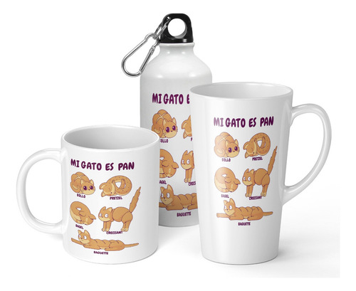 Set De Taza + Botella + Taza Conica Mi Gato Es Pan De Regalo