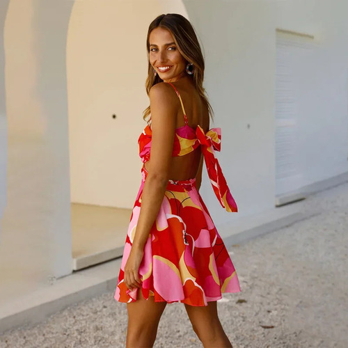 Minivestido Evasé Sin Mangas Con Cuello En V Y Estampado Flo