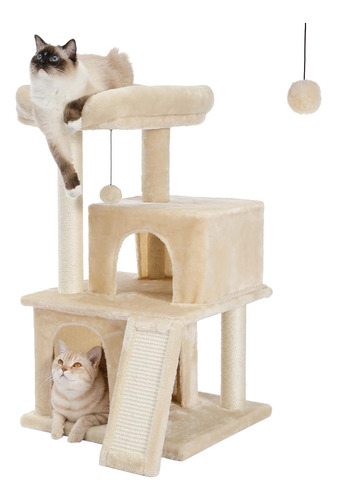 Cama Para Gato Casita Dual Con Rascador 86cm De Altura_beige