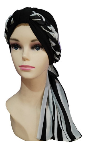 Turbante Para Mujer Tyamia Con Trenza Chiffon -gorro Algodón Color Negro Diseño de la tela Rayas