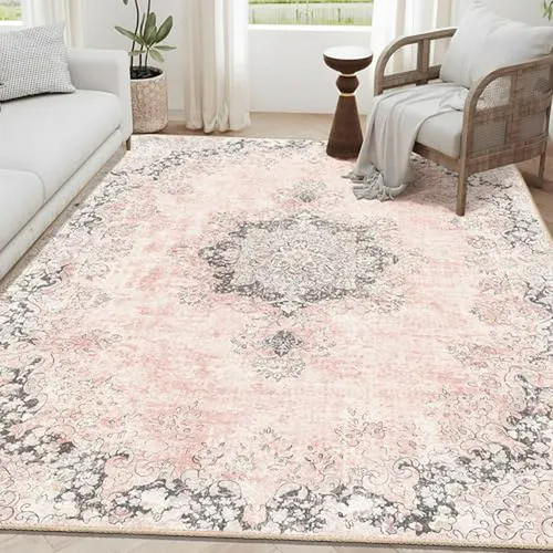 Alfombra 5x7 Rosa Lavable Tanvill Para Sala Y Dormitorio