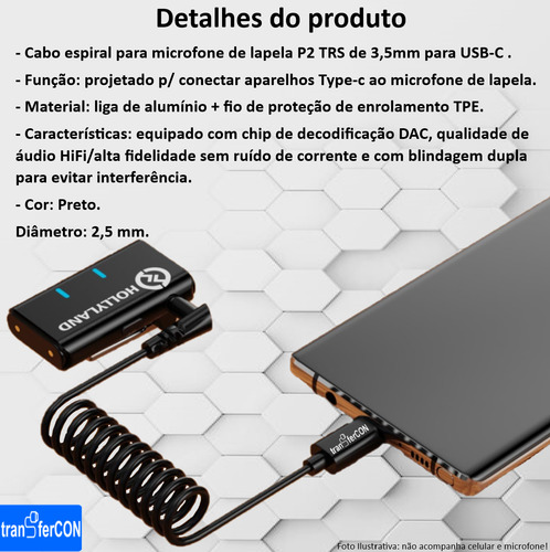 Cabo Microfone P/ Rode Hollyland Boya Celular iPhone Usb-c