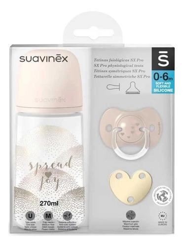 Set Biberon 270ml+chupon 0-6m+clip Spread Joy 3pzs Suavinex Color Dorado