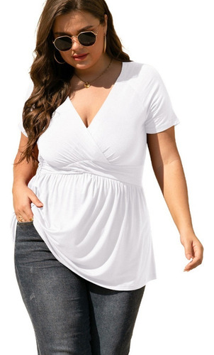 Blusa Casual Manga Corta Cuello V Talla Extra For Mujer