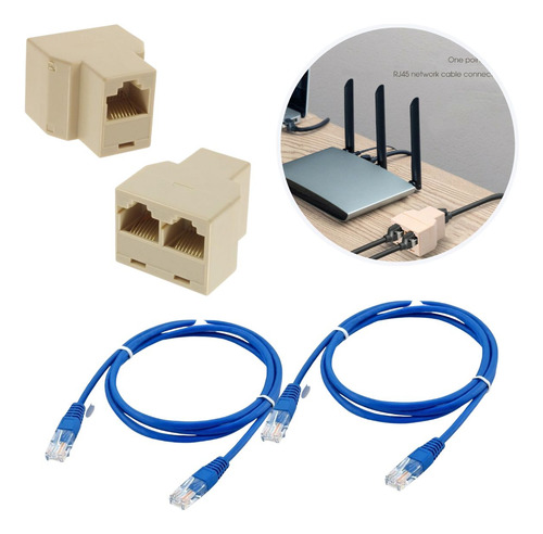 Conector Duplicador Rj45 Rede Internet Duplo + 2 Cabo 1 Meto