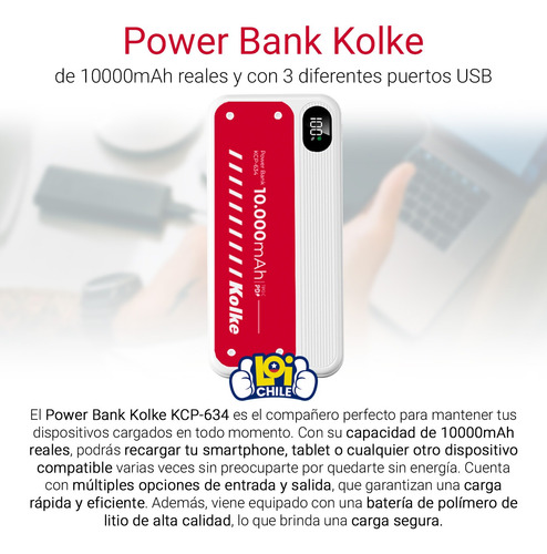 Batería Externa Power Bank Kolke 10000mah Carga Rápida Blanc