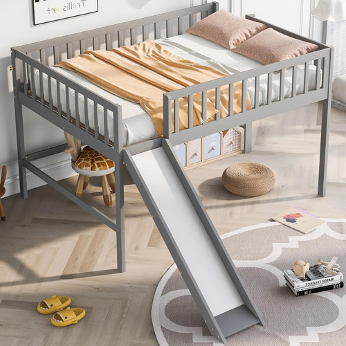 Cama Baja De Tamaño Matrimonial Con Escalera Y Tobogán Gris Low Loft Bed