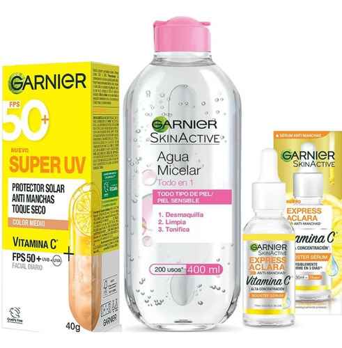 Kit 3pz Garnier Agua Micelar Todo En 1, Filtro Medio, Sérum