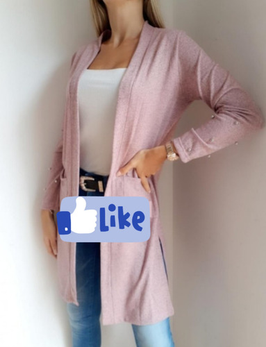 Saco Largo Mujer Abierto Lanilla Rosa Cárdigan Bolsillos