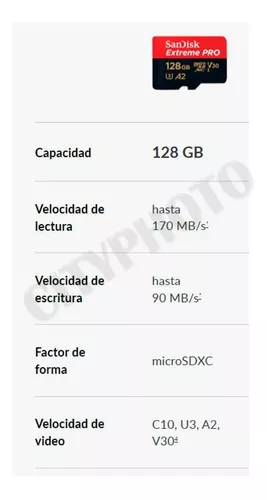 Tarjeta micro SD 128GB Extreme PRO A2 para 4k en GOPRO 170 MB/s Escritura 90