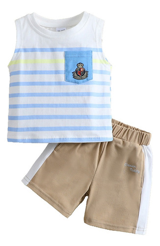Conjunto Casual De Verano De Algodón A Rayas Para Niños 1-6a Azul 18-24 M