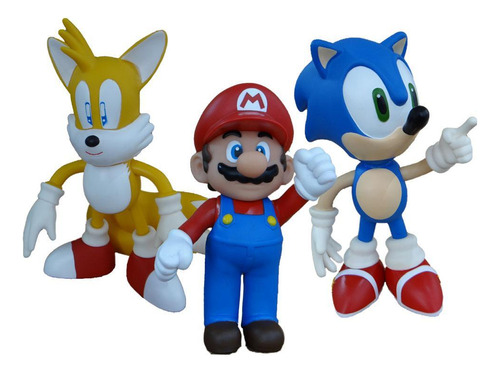 Kit 3 Bonecos Grandes Super Mario, Sonic Azul E Tails