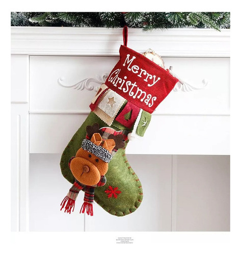 Calcetín Navideño Para Regalos Chimenea Reno 3 Piezas