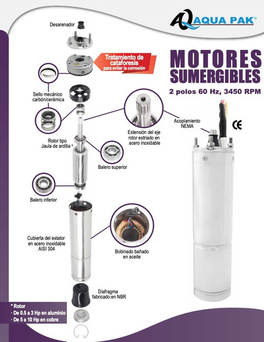 Motor Sumergible Aqua Pak 1/2 Hp, 115 V, 3 Hilos, 1 Fase