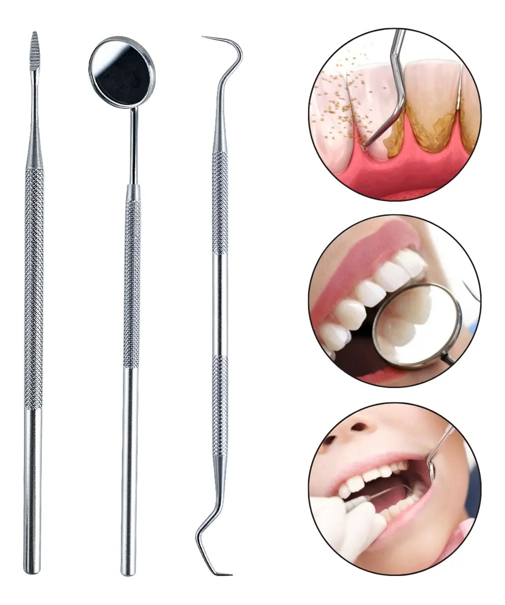 Kit 3 Instrumentos Limpeza Dental Removedor Tártaro Espelho Sonda Exploradora Equipamento Aço Inox Odontologia Dentista Higiene Bucal