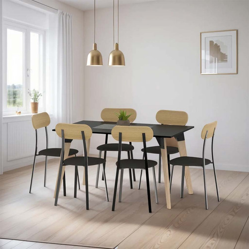 Mesa Rectangular 140 Cm Con 6 Sillas Modernas De Caño Negro Negro Anti Desgarro