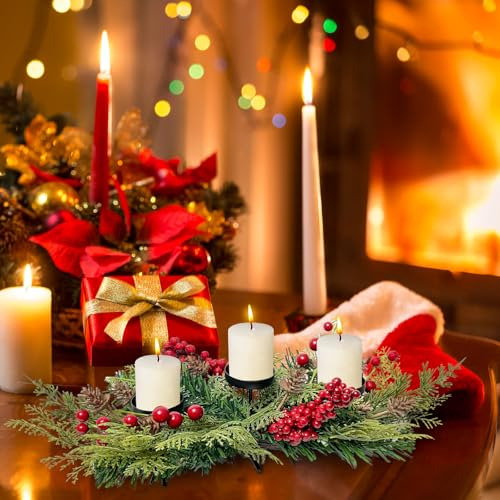 Portavelas De Navidad Con Aros, Bayas Y Conos De Pino