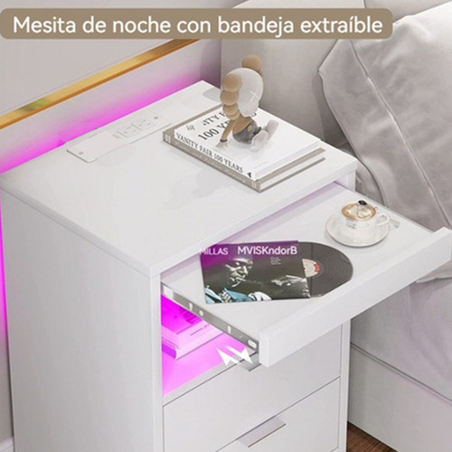 Mesita De Noche Moderna Con Carga, Lámpara Y Cajón Mdf Gris