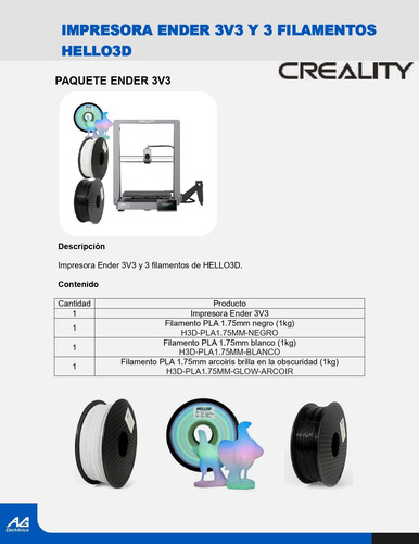 Kit Impresora Ender 3v3 Y 3 Filamentos Pla 1.75mm Hello3d