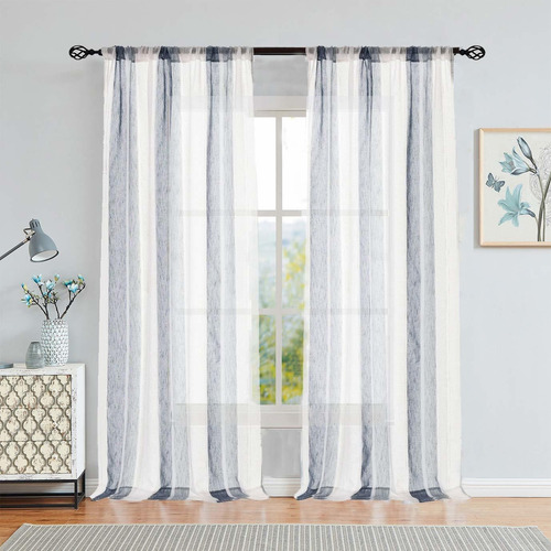 Sheer Navy Blue And White Stripe Farmhouse Curtains Bou...