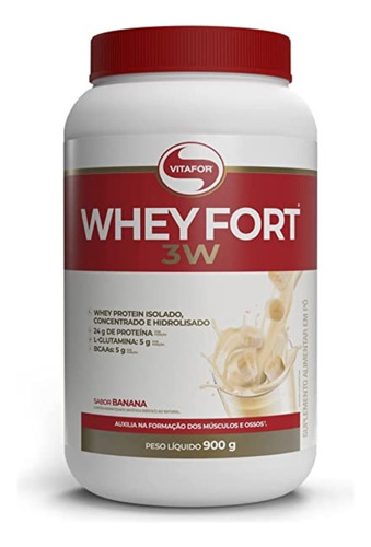 Whey Fort 3W Vitafor Proteina em Po Sabor Banana. Em Pote De 900g