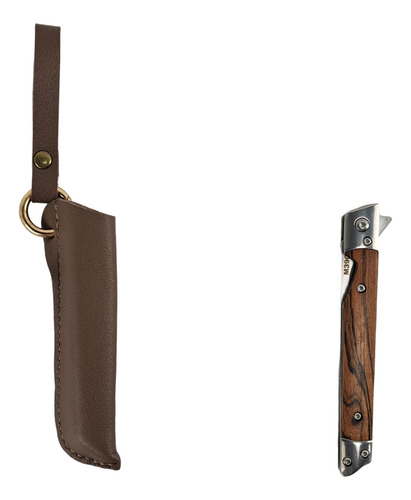 Canivete Com Bainha Inox Cabo Madeira Semi Automático