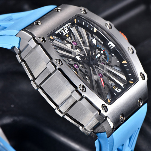Reloj De Pulsera Analógico Ejecutivo Pagani Design Para Homb Correa Celeste Bisel Plateado Fondo Negro
