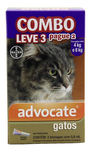 Advocate Gatos Entre 4 A 8 Kg 0,8 Ml Bayer Combo 3 Unidades