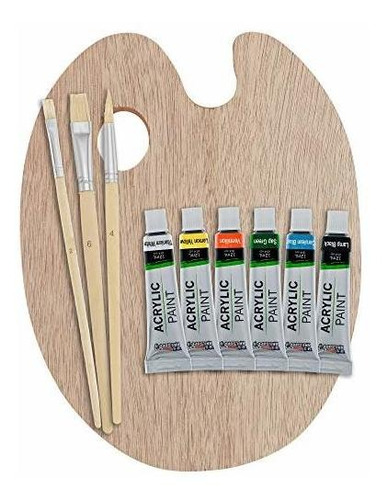 Kit De Pinceles Con Pintura Acrilica Y Paleta Para Mezclar  