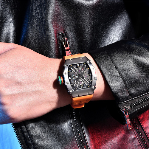Reloj De Pulsera Analógico Ejecutivo Pagani Design Para Homb Correa Naranja Bisel Plateado Fondo Negro