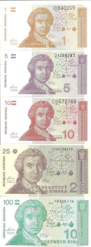 Croacia: Lote 5 Billetes  Dinara Año 1991 ¡sin Circular!