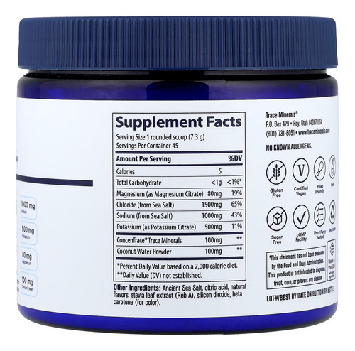 Trace Minerals Zerolyte Electrolitos En Polvo Bote 328g Sabor Mango Salado