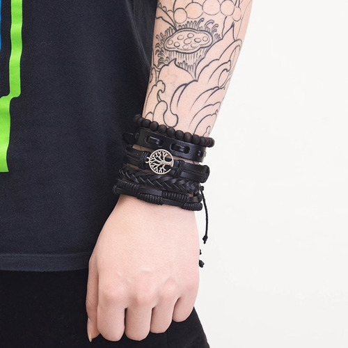 Conjunto Pulsera Hombre Cuero 5 En 1 Arbol Vida Negro