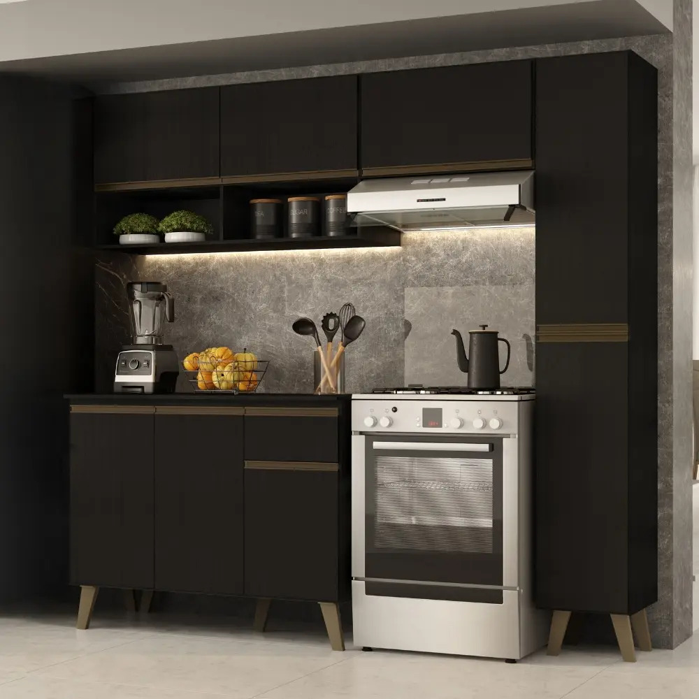 Armário De Cozinha Completa Atlanta Slim Carraro Preto Touch