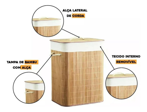 Cesto Bambu Forrado Roupas Sujas Multiuso E Organizador 40x30x60 Easy Decor