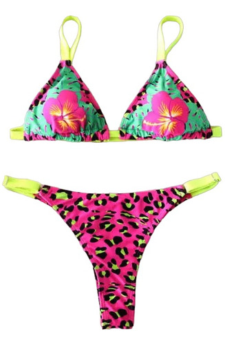 Uniteduy Bikini Animal Print Fucsia Con Flor - Tanga