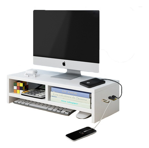 Base Elevador Monitor Soporte 2 Niveles Con Carga Usb Blanco