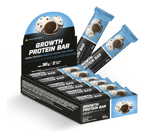 BARRA DE PROTEÍNA GROWTH SUPPLEMENTS — CX. 12 UNID. COOKIES & CREAM
