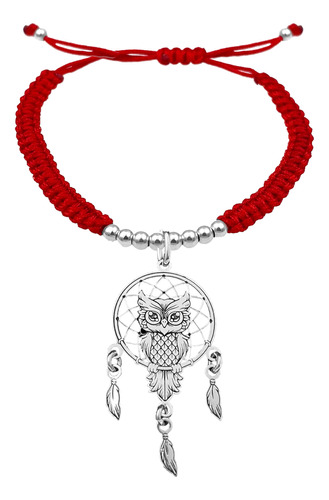 Pulsera Bolitas Atrapasueños Buho Grande Plata 925 Roja