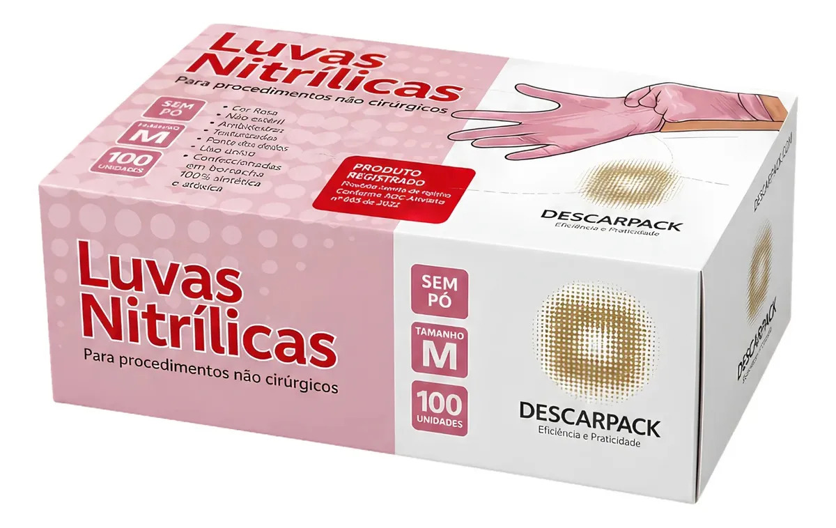Luvas descartáveis antiderrapantes Descarpack Luva Nitrilica cor rosa tamanho M de nitrila x 100 unidades