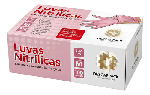 Luvas descartáveis antiderrapantes Descarpack Luva Nitrilica cor rosa tamanho M de nitrila x 100 unidades