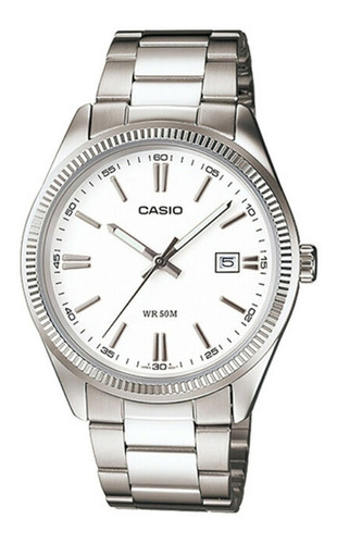 Reloj Casio Dama Correa Acero Esfera Plateado Fondo Blanco