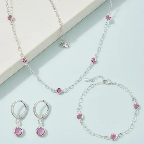 Cordão Chocker + Pulseira + Brinco Strass Rosa A Prata 925 Prata