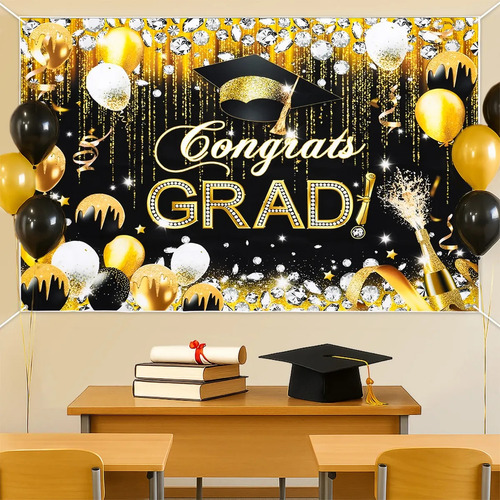 1 Pieza 150×100cm Graduación Telón de Fondo Negro y Dorado 2025 Decoración de Fiesta de Graduación