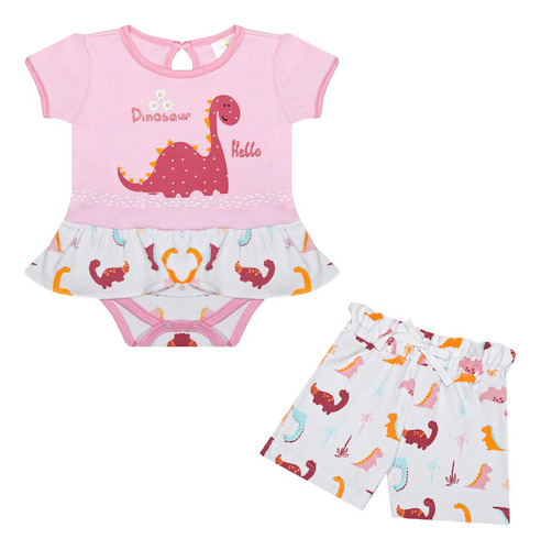 Vestido Pañalero Y Short Bebe Niña Dino Hello 