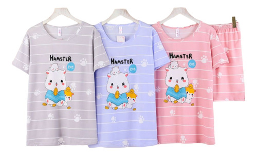 Pijama Mujer Polera Manga Corta Y Short Diseño Hamster